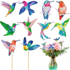 10 Pcs Hummingbird Diamond Art Small Kits, DIY Diamond Painting Plant Yard Stakes for Garden Decor, Small Crafts Accessories Ornaments Kits Indoor Outdoor for Spring Decoration