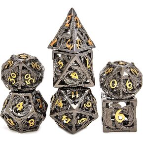 Hollow Metal DND Game Dice Dragon Shape Carved Black and Gold 7Pcs Set for Dungeons and Dragons RPG MTG Table Games D&D Pathfinder Shadowrun and Math Teaching (with Metal Case)