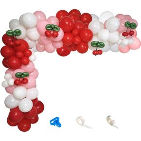 Cherry Balloon Garland Arch Kit, Red Pink White Balloons with DIY Cherry Fruit for Birthday Baby Shower Wedding Valentine's Day Galentine's Day