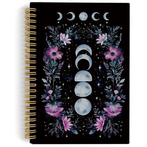 Celestial Moon Floral Spiral Notebook Journal, Dark Academia Moon Phase Flowers Aesthetic Notebooks for Note Taking, Floral Hardcover Spiral Journal 5.5x8.3 Inches