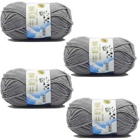 4 Rolls Cotton Blend Milk Yarn Fabric Wool Crochet Knitting Supplies Acrylic Crochet Yarn Soft Crochet Blend Milk Cotton Yarn Plain Knitting Wool for Handcrafts Jumpers Blankets Weaving (Grey)