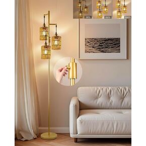 Lightdot 67" Dimmable Floor Lamp for Living Room, Industrial 3-Light Tree Floor Lamp with Gold Rattan Cages, Bohemian Tall Standing Lamps, Modern Floor Lighting for Bedroom Office, E26 Base