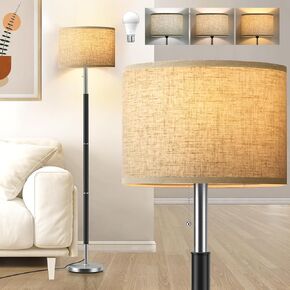Bright Floor Lamps with 3 Color Temperatures(3000K/4000K/6000K) Standing Lamps with Beige Linen Lampshade Pole Lamp with Pull Chain Switch for Bedroom Office, 9W Bulb Included, Black and Silver