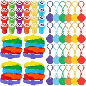 Skylety 72 Pcs Paw Print Party Favor Set Rubber Bracelets Stamps Paw Print Acrylic Lobster Keychain Dog Birthday Party Favors Supplies Gift Bag Stuffer for Kids