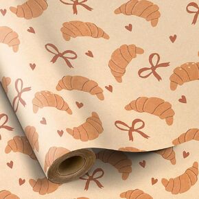 RUSPEPA Croissant Wrapping Paper, Mini Roll, Kraft Wrapping Paper with Croissant, Pastry and Bow Pattern Designs, Gift Wrap for Birthday, Party and Holiday, 17 in x 16.4 ft