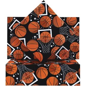 Basketball Wrapping Paper for Boys Girls, Shoot a Basket/Basketball Patterns on Black Gift Wrap Paper - Sports Soccer Ball Theme Design Art Paper for Kids Men Women Birthday Baby Shower Holiday