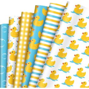 FYSUIMU 12 Sheets Rubber Duck Wrapping Paper - Not Roll - Yellow Blue Bubble Plaid Stripe Gift Wrap Paper Folded Flat for DIY Crafts Birthday Baby Shower, 19.7 x 27.6 Inch