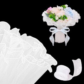 yeabwps 4.37 Yards Floral Bouquet Wrapping Paper, Wrinkled White Mesh with Pearl Edge Floral Wrapping Paper with 10 Yards Ribbon for Valentine's Day Mother's Day