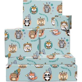 CENTRAL 23 Baby Boy Wrapping Paper - 1st Birthday - Age One - 6 Sheets Blue Gift Wrap - Comes With Fun Stickers
