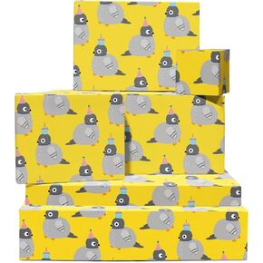 CENTRAL 23 Pigeon Birthday Wrapping Paper For Men Women - 6 Sheets Of Funny Gift Wrap - Birthday Pigeons Party Hat Cupcake - Yellow Wrapping Paper - Recyclable