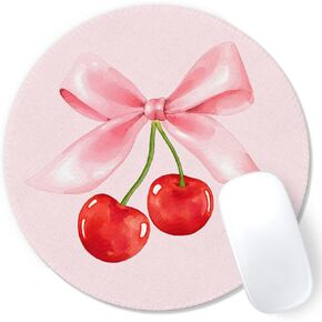 Preppy Pink Bow Mouse Pad, Girly Pink Ribbon Bow Cherries Mousepad Mouse Mat with Non-Slip Rubber Base for Home Office Desk Accessories, Preppy Office Supplies for Girls, 7.9x7.9 Inch