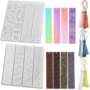 2 Set Bookmark Resin Molds, Rectangle Leaves Texture Flower Silicone Casting Molds Bookmark with 15 PCS Tassels for Making Handmade Decor Crafts