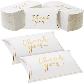Sparkle and Bash 100-Pack Wedding Favor Pillow Boxes, Bulk 5.2x3.2-Inch Kraft Paper Thank You Gift Boxes for Party Favors (White with Gold Script)