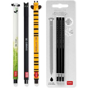 LEGAMI - Set of 3 Erasable Gel Pens + 3 Black Refills, with Thermosensitive Erase Ink, Range of ink colours & barrel designs, 0.7mm Tip, Cute Panda, Cat, & Bee Design