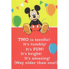 Mickey Mouse Happy 2nd Second Birthday Card (Age 2) - TWO is Terrific! It's Tumbly! It's FUN! It's Bright! It's Amazing! (Way Older Than One!)