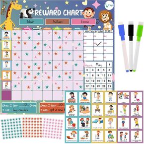Faya Magnetic Responsibility & Behavior Chart for Kids—Large Reusable Chore Board with Animal-Themed Tasks, Stars; Stain-Resistance Reward Chart for Home & School, Perfect for Building Good Habits.