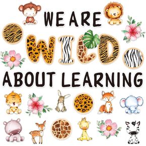 We are Wild About Learning Bulletin Board Set Wild Safari Animals Paper Cutouts with 100Pcs Glue Points Woodland Theme Cut-Outs Decor for Back to School Kindergarten Jungle Party, 56Pcs
