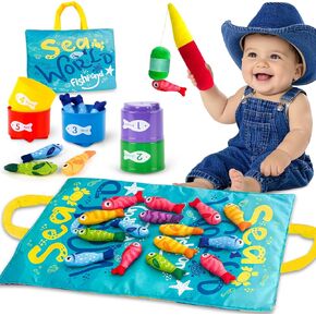 Montessori Toys for 1-Year-Old Boy Girl: Cloth Fishing Game with Stacking Cups for Toddlers Learning Color Sorting & Counting Home Educational Toys for 12-18 Months Baby Birthday