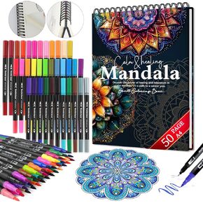Mandala Coloring Book for Women Relaxation, 50 Patterns Spiral Bound Mindfulness Coloring Books for Adult with 36 Dual-tip Markers, Inspirational Gift for Women, Hardcover Adult Coloring Books Set