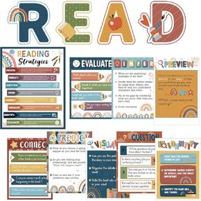 Colarr 13 Pcs Boho Reading Posters for Classroom Decorations Reading Strategies Bulletin Board Set Library Corner Decor Educational Read Posters for Teacher Elementary Middle School Supplies