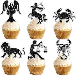 18pc Black Glitter Dessert Cupcake Topper Pick for Horoscope Astrology Constellation Sign Theme Decorations Men Women Happy Birthday Party Decor Supplies