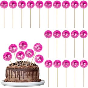 20Pcs Disco Ball Cupcake Toppers, Disco Cake Topper Happy Birthday Cake Topper with Stick Shiny for Men Women Cakes Decor 70s Themed Dance Party Supplies 70s Party Decorations (Pink)