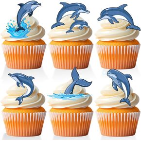 18 PCS Dolphin Cupcake Toppers for Boys Girls Birthday Baby Shower Ocean Under the Sea Cupcake Picks Decor Dolphin Birthday Party Decorations