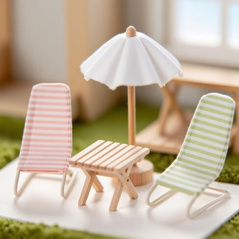1:12 Miniature Dollhouse Beach Accessories Set with Metal Beach Recliner, Wooden Sun Umbrella and Folding Table, Dollhouse Furniture Decoration for Beach, Outdoor(Pink + Green) in Saudi Arabia