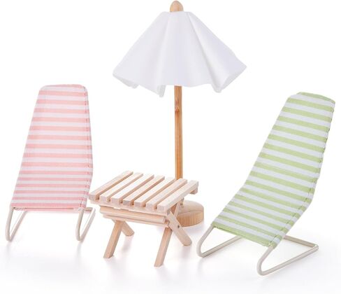 1:12 Miniature Dollhouse Beach Accessories Set with Metal Beach Recliner, Wooden Sun Umbrella and Folding Table, Dollhouse Furniture Decoration for Beach, Outdoor(Pink + Green) in Saudi Arabia