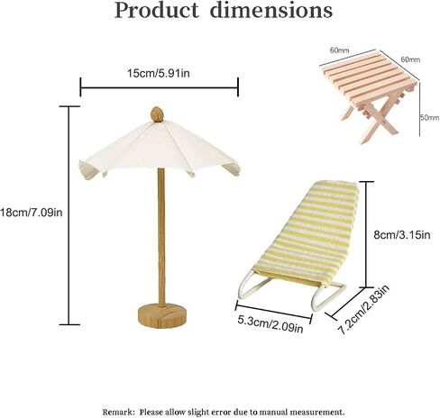 1:12 Miniature Dollhouse Beach Accessories Set with Metal Beach Recliner, Wooden Sun Umbrella and Folding Table, Dollhouse Furniture Decoration for Beach, Outdoor(Pink + Green) in Saudi Arabia