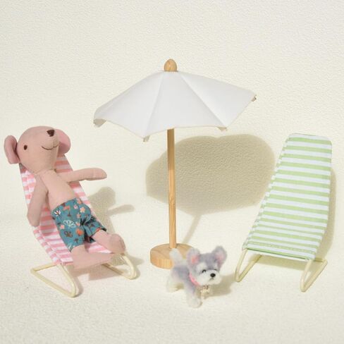 1:12 Miniature Dollhouse Beach Accessories Set with Metal Beach Recliner, Wooden Sun Umbrella and Folding Table, Dollhouse Furniture Decoration for Beach, Outdoor(Pink + Green) in Saudi Arabia