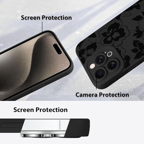 MZELQ for iPhone 16 Pro Case Case, Silicone Black Floral Flowers Sunflowers Cute Pattern, Camera Protection Soft Slim Phone Case for Girls Women -Black in Kuwait