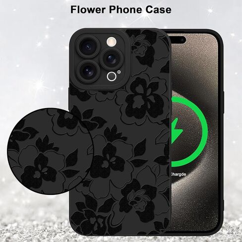 MZELQ for iPhone 16 Pro Case Case, Silicone Black Floral Flowers Sunflowers Cute Pattern, Camera Protection Soft Slim Phone Case for Girls Women -Black in Kuwait