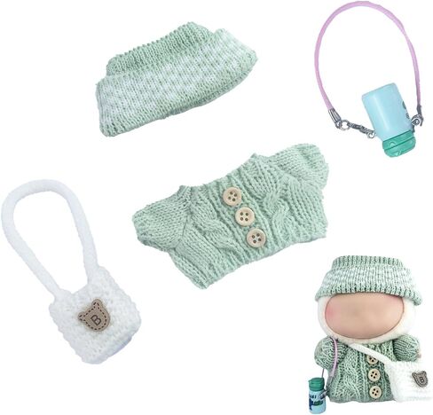 Clothes Set for Labubu(No Doll)，Handmade Crochet Three-Piece Set, Brown Sweater with Beige Hat and Shoulder Bag, Classic Color Matching Creates A Unique Fashion Style and Charm in Kuwait