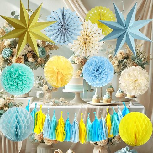 Blue Party Decorations,15PCS Dusty Blue Beige Birthday Decorations for Women Men Girl Boy,Hanging Backdrop Decor for Engagement,Boho Wedding,Baby Shower,Bridal Shower,Garden Party in Saudi Arabia