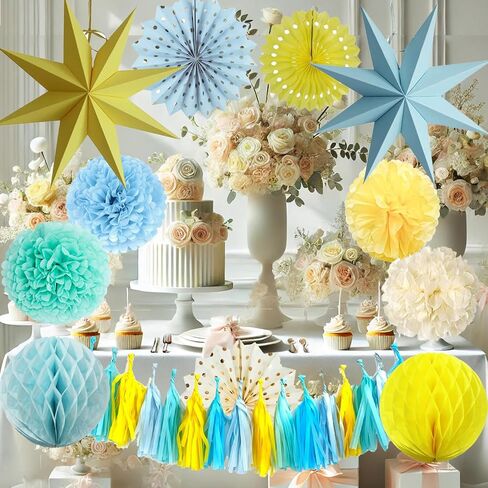 Blue Party Decorations,15PCS Dusty Blue Beige Birthday Decorations for Women Men Girl Boy,Hanging Backdrop Decor for Engagement,Boho Wedding,Baby Shower,Bridal Shower,Garden Party in Saudi Arabia