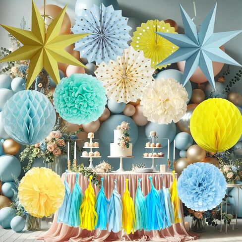Blue Party Decorations,15PCS Dusty Blue Beige Birthday Decorations for Women Men Girl Boy,Hanging Backdrop Decor for Engagement,Boho Wedding,Baby Shower,Bridal Shower,Garden Party in Saudi Arabia