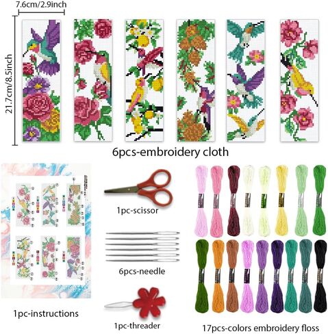 BEUNITONE 6 Pcs Cross Stitch Bookmark Kit for Beginner Vintage Flower Hand Embroidery Kit with Instruction Hummingbird Stamped Embroidery Bookmarks Handmade for DIY Crafts Book Lovers 8.5''x3'' in Saudi Arabia