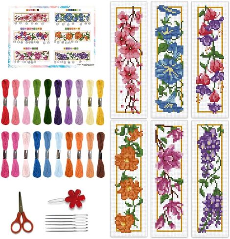 BEUNITONE 6 PCS Cross Stitch Stitch Kit for Beginner Vintage Flower Hand Hand Kit مع تعليمات الطائر الطنان مرجعية للتطريز المصنوعة يدويًا لمحبي الكتب الحرف DIY 8.5'x3 '' ' in Saudi Arabia