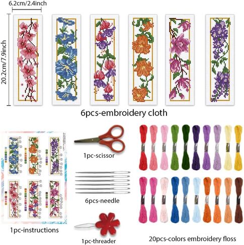 BEUNITONE 6 PCS Cross Stitch Stitch Kit for Beginner Vintage Flower Hand Hand Kit مع تعليمات الطائر الطنان مرجعية للتطريز المصنوعة يدويًا لمحبي الكتب الحرف DIY 8.5'x3 '' ' in Saudi Arabia