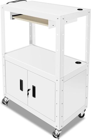 Auto Dynasty Height Adjustable Rolling AV Cart with Locking Storage Cabinet and Pullout Keyboard Tray for Projector, Printers, Laptop Computers, 4 Wheels, 4' Cord, 3 Outlets, 2 USB Ports (White) in Kuwait