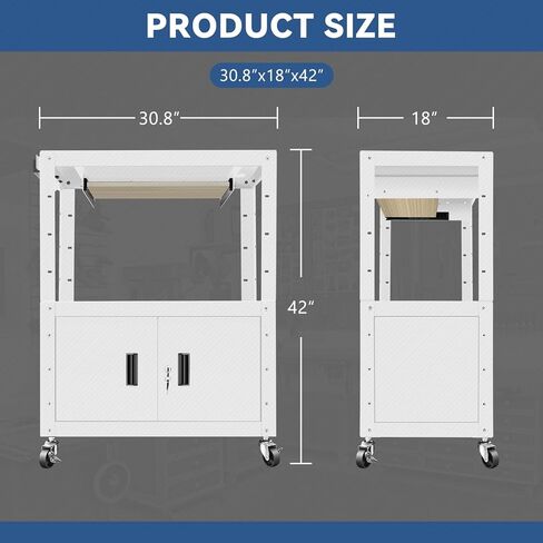 Auto Dynasty Height Adjustable Rolling AV Cart with Locking Storage Cabinet and Pullout Keyboard Tray for Projector, Printers, Laptop Computers, 4 Wheels, 4' Cord, 3 Outlets, 2 USB Ports (White) in Kuwait