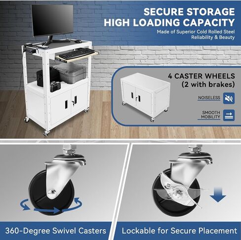 Auto Dynasty Height Adjustable Rolling AV Cart with Locking Storage Cabinet and Pullout Keyboard Tray for Projector, Printers, Laptop Computers, 4 Wheels, 4' Cord, 3 Outlets, 2 USB Ports (White) in Kuwait