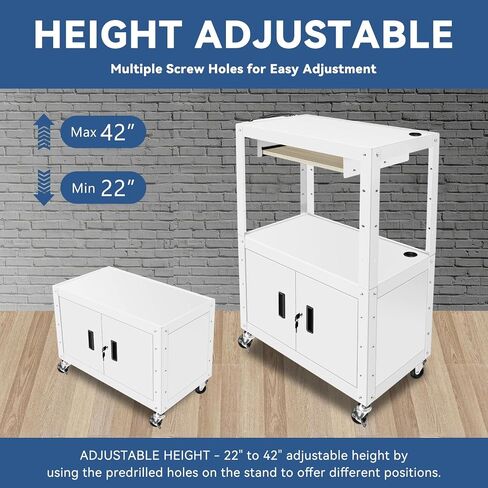 Auto Dynasty Height Adjustable Rolling AV Cart with Locking Storage Cabinet and Pullout Keyboard Tray for Projector, Printers, Laptop Computers, 4 Wheels, 4' Cord, 3 Outlets, 2 USB Ports (White) in Kuwait