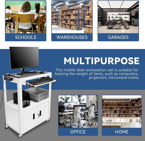 Auto Dynasty Height Adjustable Rolling AV Cart with Locking Storage Cabinet and Pullout Keyboard Tray for Projector, Printers, Laptop Computers, 4 Wheels, 4' Cord, 3 Outlets, 2 USB Ports (White) in Kuwait