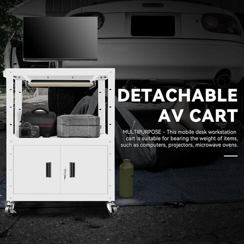 Auto Dynasty Height Adjustable Rolling AV Cart with Locking Storage Cabinet and Pullout Keyboard Tray for Projector, Printers, Laptop Computers, 4 Wheels, 4' Cord, 3 Outlets, 2 USB Ports (White) in Kuwait
