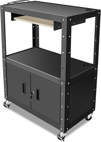 Auto Dynasty Hight Av Av Cart مع قفل خزانة تخزين ودرج لوحة مفاتيح السحب لجهاز العرض ، الطابعات ، أجهزة الكمبيوتر المحمولة ، 4 عجلات ، سلك 4 بوصات ، 3 منافذ ، 2 منافذ USB (أبيض) in Kuwait