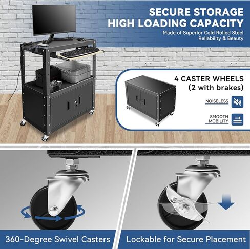 Auto Dynasty Hight Av Av Cart مع قفل خزانة تخزين ودرج لوحة مفاتيح السحب لجهاز العرض ، الطابعات ، أجهزة الكمبيوتر المحمولة ، 4 عجلات ، سلك 4 بوصات ، 3 منافذ ، 2 منافذ USB (أبيض) in Kuwait