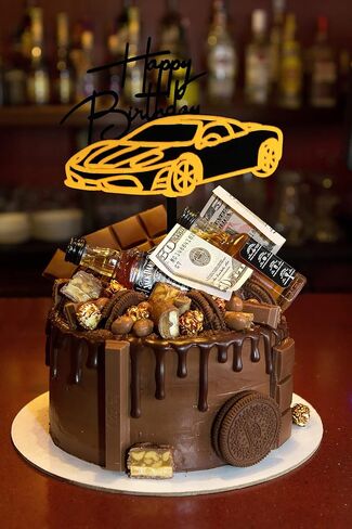 Cars Cake Topper Happy Birthday Cake Decorations for Men Kids Boys Racing Car Themed Party Supplies (Gold and Black) in Saudi Arabia