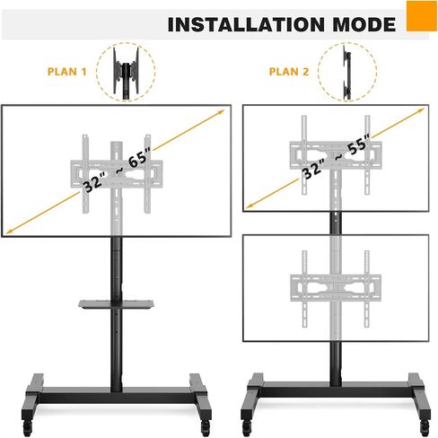 5RCOM ROLLING/Mobile TV CART مع عجلات من 32 إلى 55 بوصة LCD LED 4K شاشة منحنية مسطحة شاشة عمودية شاشة قابلة للتعديل شاشة قابلة للتعديل مع 2 أجهزة تلفزيون مع رف الكمبيوتر المحمول يحمل ما يصل إلى 132 رطلا in Kuwait